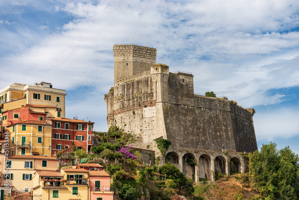 The ancient Castle of Lerici town (1152-1555). Tourist resort on the coast of the Mediterranean sea (Ligurian Sea), Gulf of La Spezia, Italy, Europe.