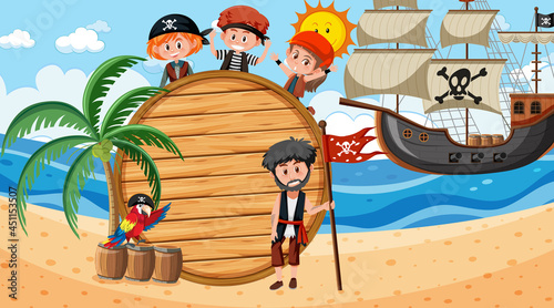 Empty banner template with pirate kids at the beach daytime scene