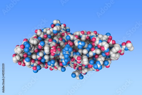 Space-filling molecular model of the N-terminal domain of carcinoembryonic antigen (CEA) on blue background. Scientific background. 3d illustration photo