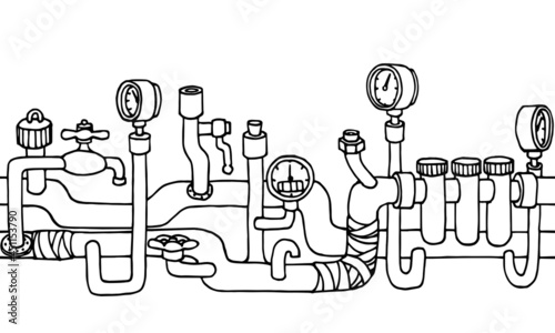 horizontal seamless pattern, water supply system in a house with pipes, valves, frame or border, vector illustration with black lines isolated on a white background in a cartoon and hand drawn style
