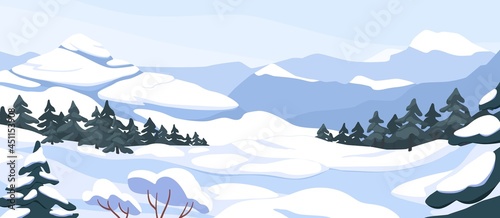 Winter landscape with hills in snow, fir trees and sky. Panoramic snowy nature scene. Scenery with mountains in cold frosty weather. Snowscape panorama. Flat vector illustration of wintry background