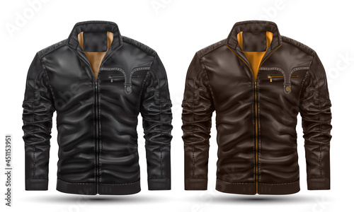Realistic jacket leather black brown collection on white background vector illustration.