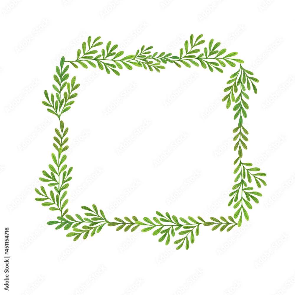 Green leaves square frame simple hand drawn watercolor illustration, festive greenery clipart, holiday celebration ornament for invitation, wedding or greeting cards