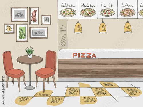 Pizza restaurant interior fast food court graphic color sketch illustration vector