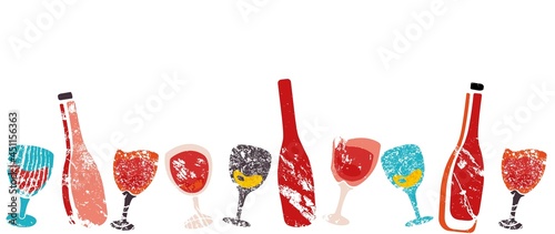 Horizontal Pattern with Wine. Border with  Drawing Bottles, Glasses isolated on white background. Vector Illustration.