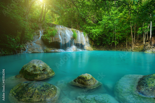 Fototapeta Naklejka Na Ścianę i Meble -  Beautiful deep forest waterfall at Kanchanaburi province, Thailand.