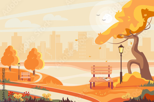 Beautiful autumn landscape. City park with town buildings on a background. Vector illustration