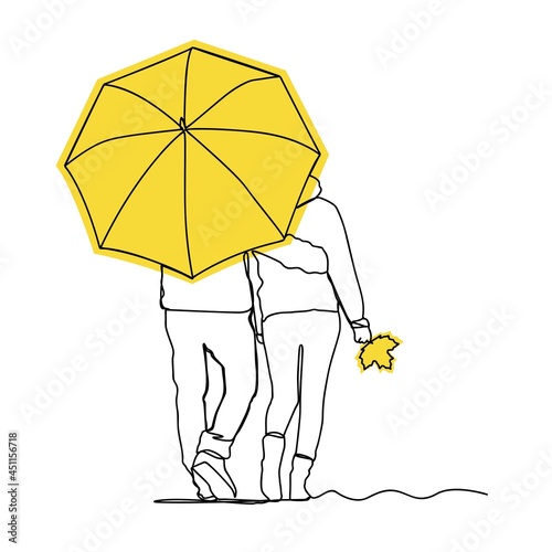 A young couple walks in the autumn park under an umbrella. One line art and yellow color