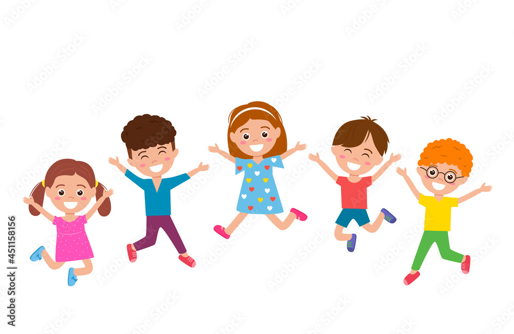 funny and happy kids with smiles jumping high and playing. concept of happy childhood and children's day.