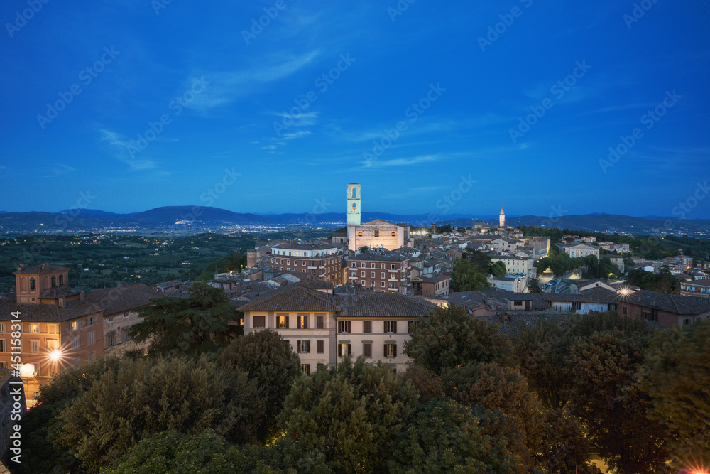 Blue hour view of the old town of Perugia