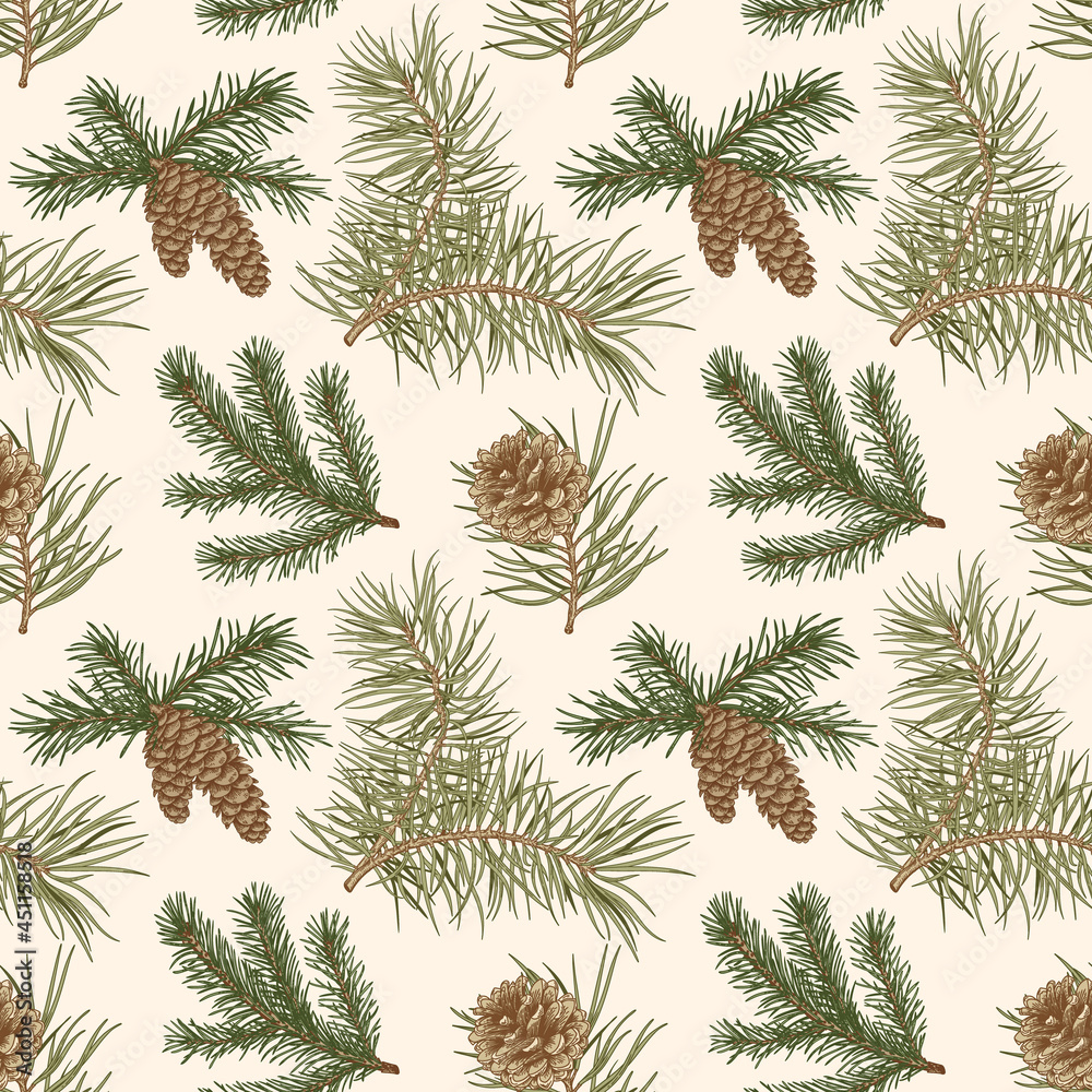 Botanical seamless pattern with fir and pine branches and cones. Vintage color.