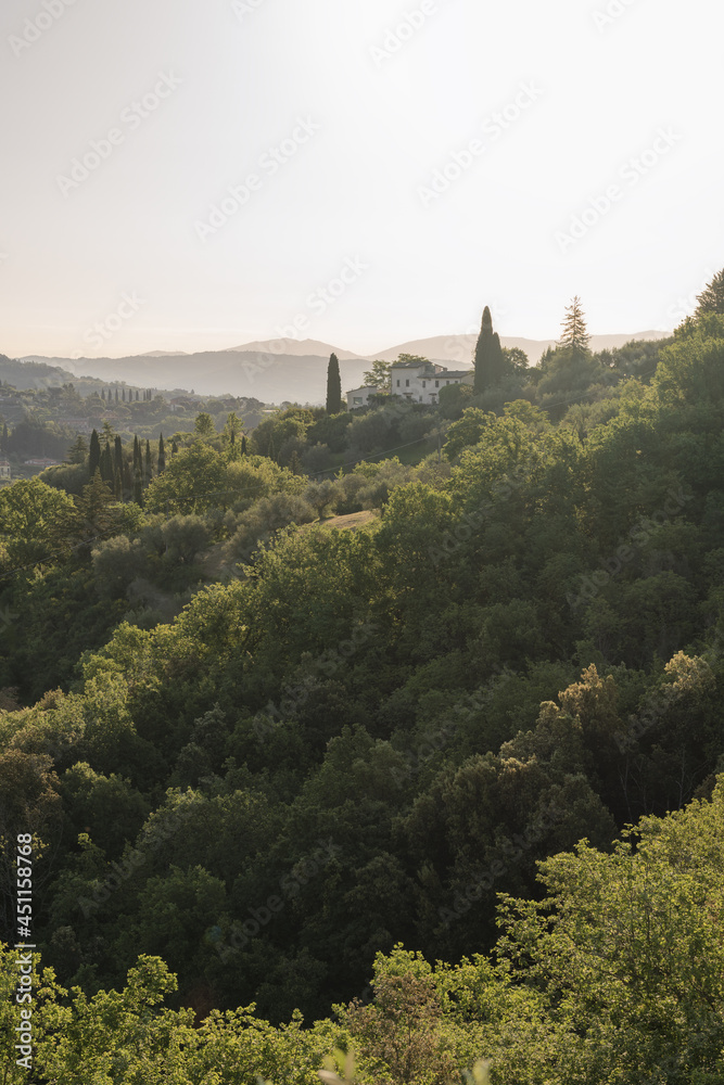 Panorama of the beautiful and green countryside of Perugia during sunrise, Umbria