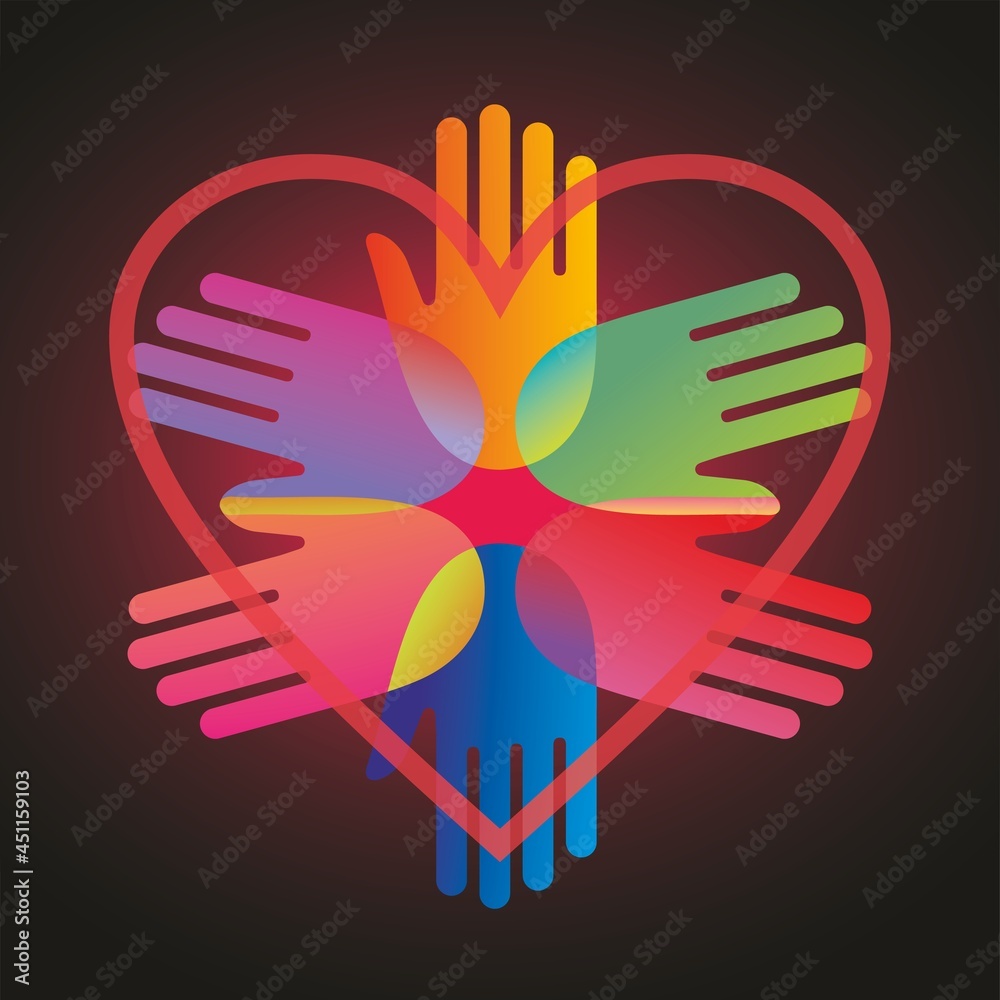 Fototapeta premium Symbolic design with colorful hands in overlay design. Transparent heart i first layer. Vector illustration. EPS10. Square design.