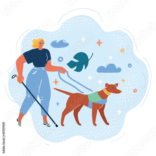 Vector illustration of blind woman walking with her dog guide in a park