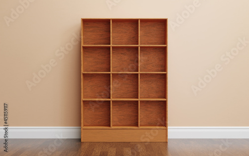 Empty wood shelf. Empty wooden bookcase. 3d rendering