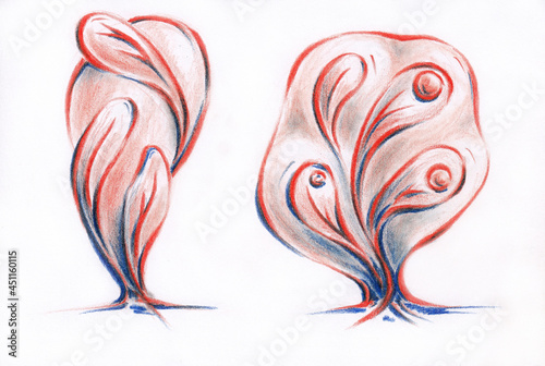 Stylized two trees in red and blue colors