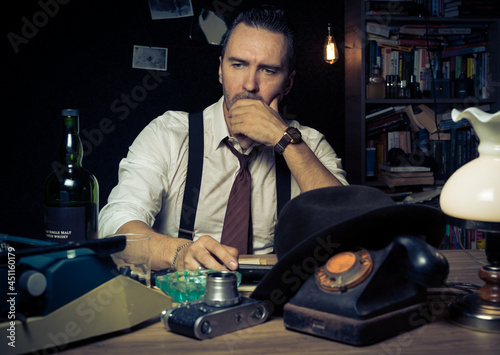 Retro private detective behind the desk, noir cinematic scene