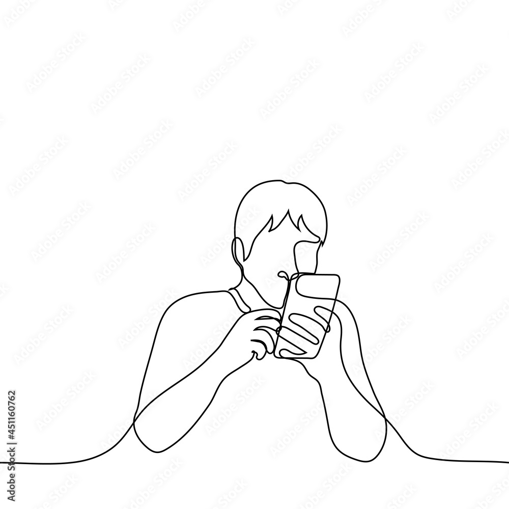 man enthusiastically looks at the phone close to his eyes - one line drawing. the concept of guilty pleasure, internet addiction, obsession with social networks, obsession with internet scandals man enthusiastically looks at the phone close to his eyes - one line drawing. the concept of guilty pleasure, internet addiction, obsession with social networks, obsession with internet scandals