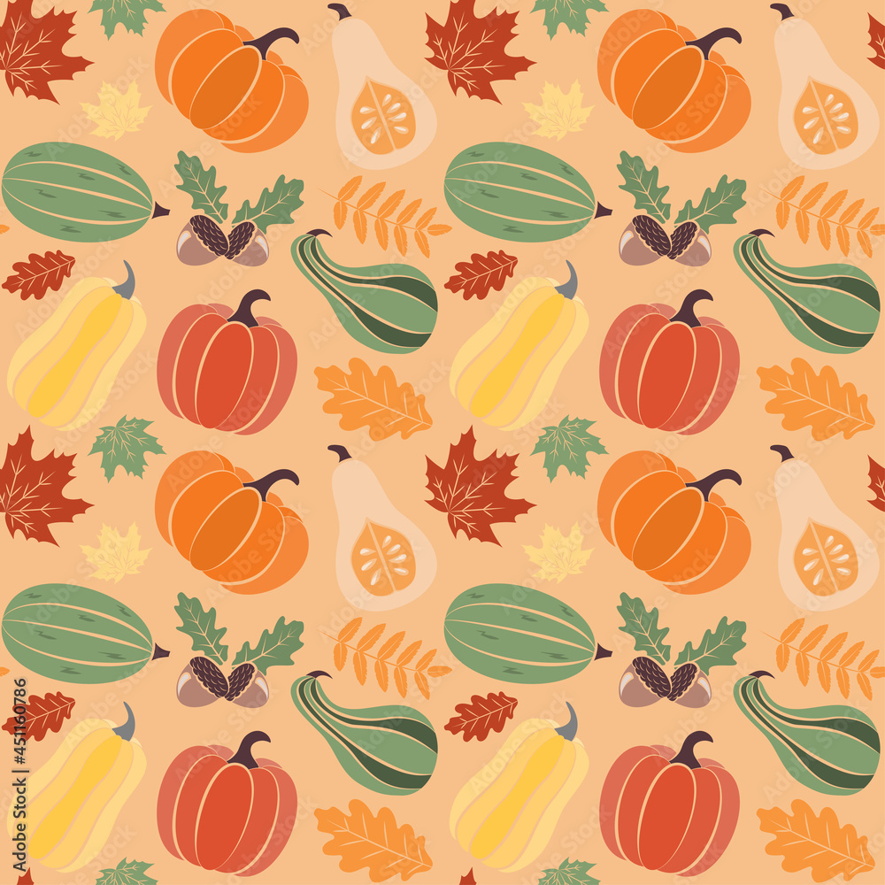 Autumn seamless pattern with cartoon pumpkins and oak, maple and rowan leaves and acorns. Traditional print for Thanksgiving day. Perfect for scrapbook, wrapping, fabric, web design. Flat vector Autumn seamless pattern with cartoon pumpkins and oak, maple and rowan leaves and acorns. Traditional print for Thanksgiving day. Perfect for scrapbook, wrapping, fabric, web design. Flat vector