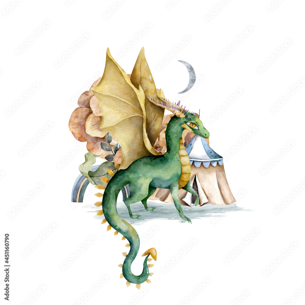 Fototapeta premium Cute green flying dragon Mythical gold dragon fairy Hand drawn watercolor nursery Isolated illustration on white background. Chinese symbol. Fantasy dragon