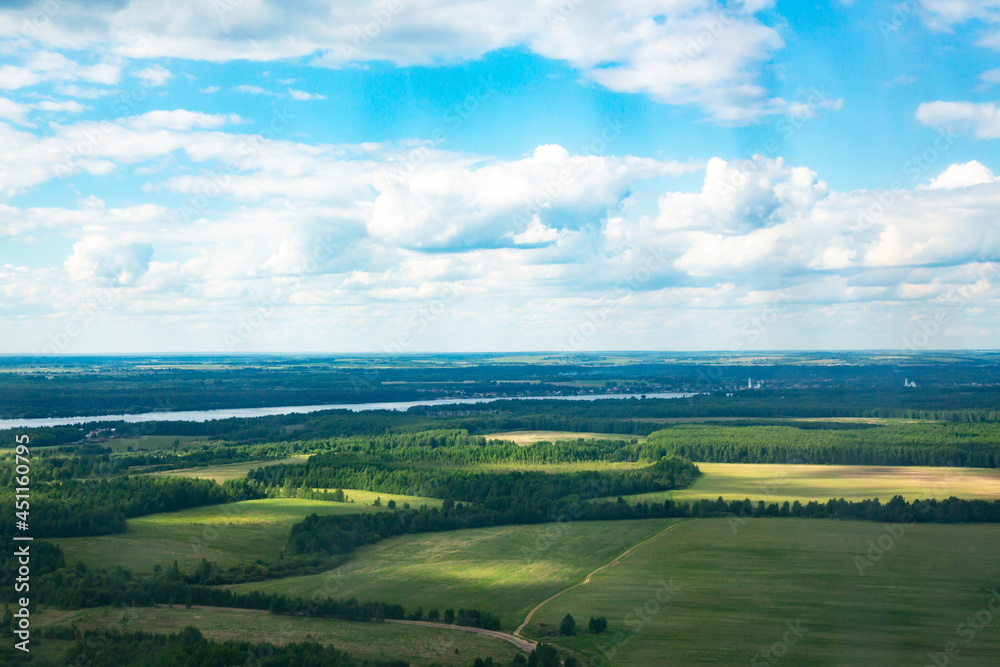 rural landscape from a bird's-eye view. Field, river and sky on