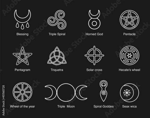 Wiccan and pagan symbols pentagram, triple moon, horned god, triskelion, solar cross, spiral, wheel of the year. Vector stock clipart photo