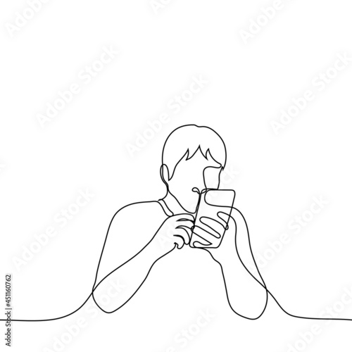 man enthusiastically looks at the phone close to his eyes - one line drawing. the concept of guilty pleasure, internet addiction, obsession with social networks, obsession with internet scandals