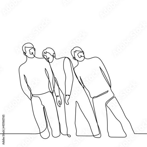 standing men fall on top of each other - one line drawing. the men bent over leaning their bodies on the falling man. collective fall, congestion or overstrain concept