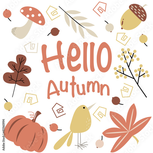 Vector set of autumn icons with autumn leaves, bird, pumpkin, oak, acorn, mushroom and text Hello Autumn on white background