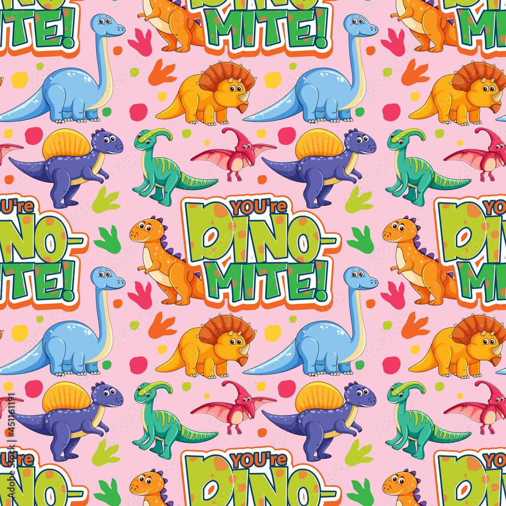 Seamless pattern with cute dinosaurs and font on pink background
