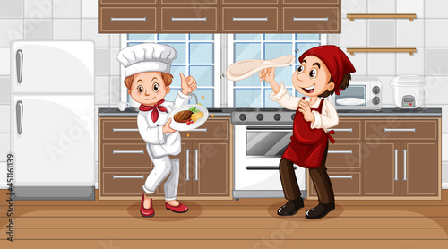 Kitchen scene with two chefs cartoon character