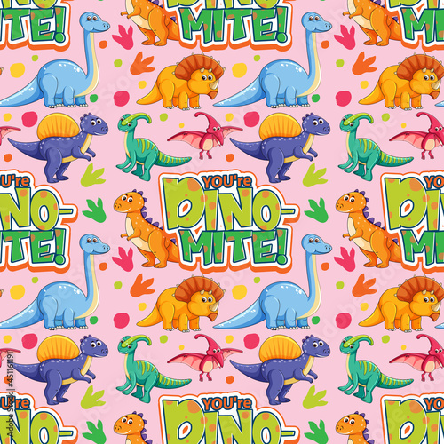Seamless pattern with cute dinosaurs and font on pink background
