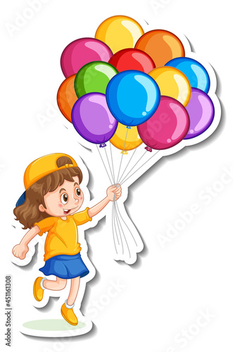 Sticker template with a girl holding many balloons isolated