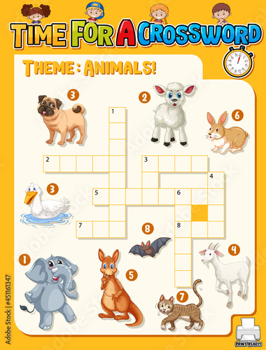 Crossword puzzle game template about animals