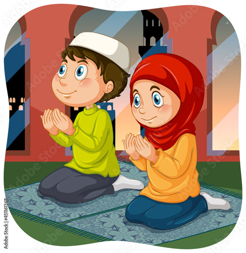 Muslim sister and brother in praying position cartoon character