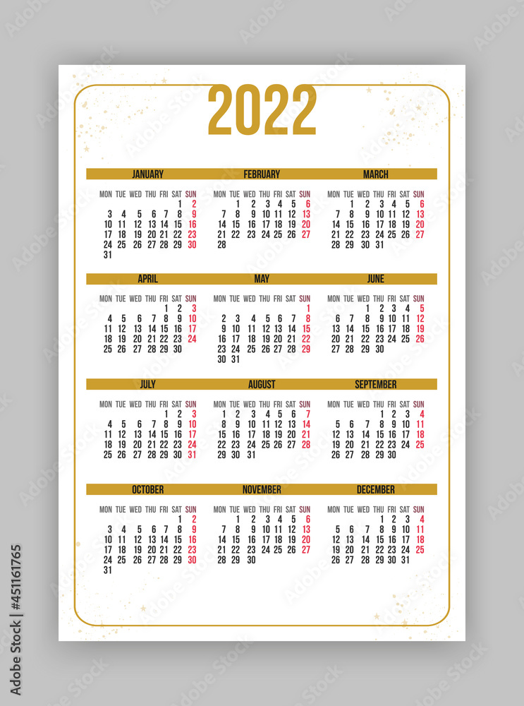 Calendar template for 2022 in a gold frame, vector vertical A4 format isolated on white background, 12 months. Week starts on Sunday. Simple design. Calendar template for 2022 in a gold frame, vector vertical A4 format isolated on white background, 12 months. Week starts on Sunday. Simple design.