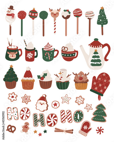 Set of Christmas sweet desserts, cupcake, cake pop snowman, reindeer, for fabric, linen, textiles and wallpaper