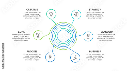 Creative concept for infographic with 6 steps, options, parts or processes. Business data visualization.