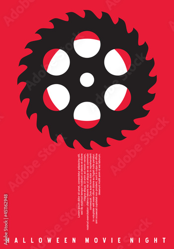 Halloween movie night minimalist poster design with saw blade and film reel on red background. Simple minimal idea for horror movies. Vector cinema flyer.