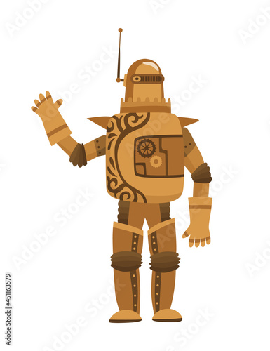 Steampunk fashion technology, fantasy vintage illustration with cartoon man in steampunk robot costume. Steam punk invention. People character with mechanical element