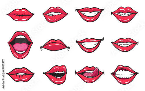 Comic female red lips set. Women mouth with lipstick in vintage comic style. Rop art retro illustration