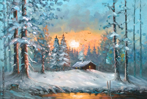 Original Oil Painting The Winter Cottage