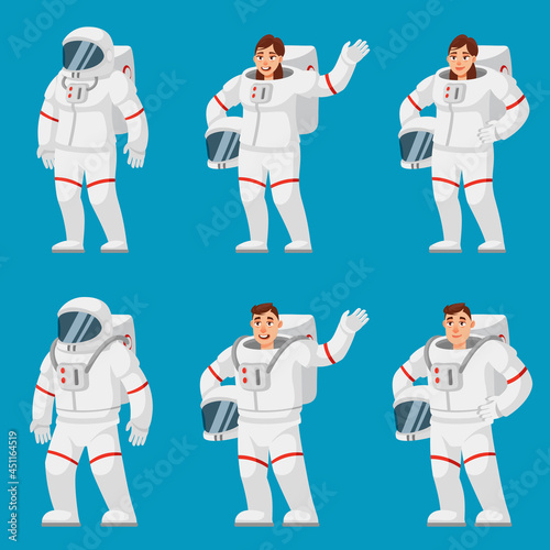 Set of astronauts in different poses. Male and female persons in cartoon style.