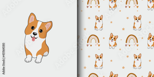 Seamless pattern and illustration for kid with cute corgi and rainbow. Baby background for t-shirt print, packaging, wrapping paper, etc. Vector corgi animal background. Funny little doggy.