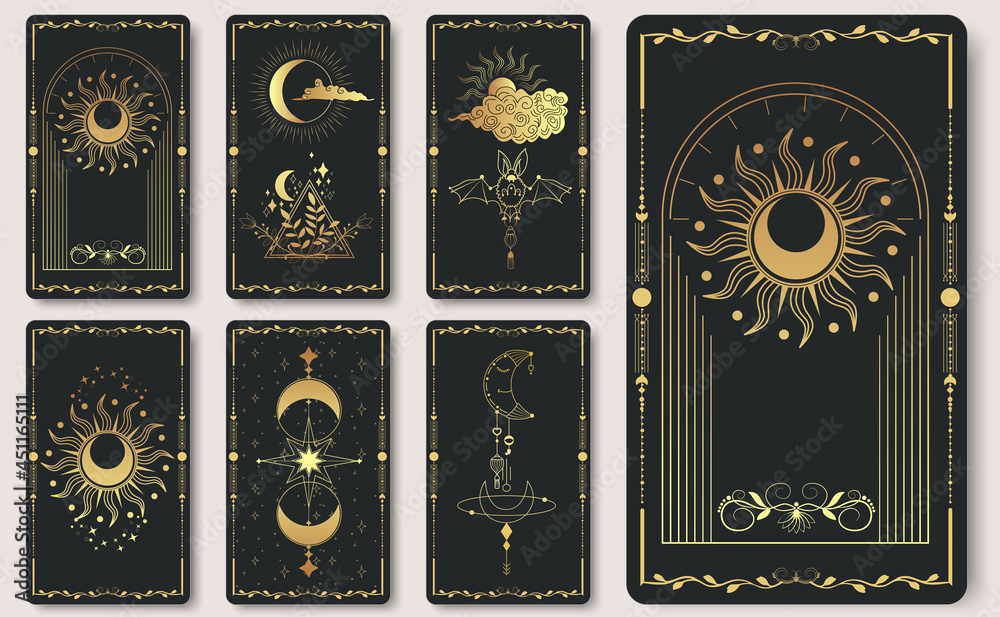 Grafika wektorowa Stock: A set of alchemical esoteric mystical magic  templates for tarot cards, banners, leaflets, posters,brochures, stickers.  Esoteric linear engravings with astrological symbols. Cards with esoteric  symbols | Adobe Stock