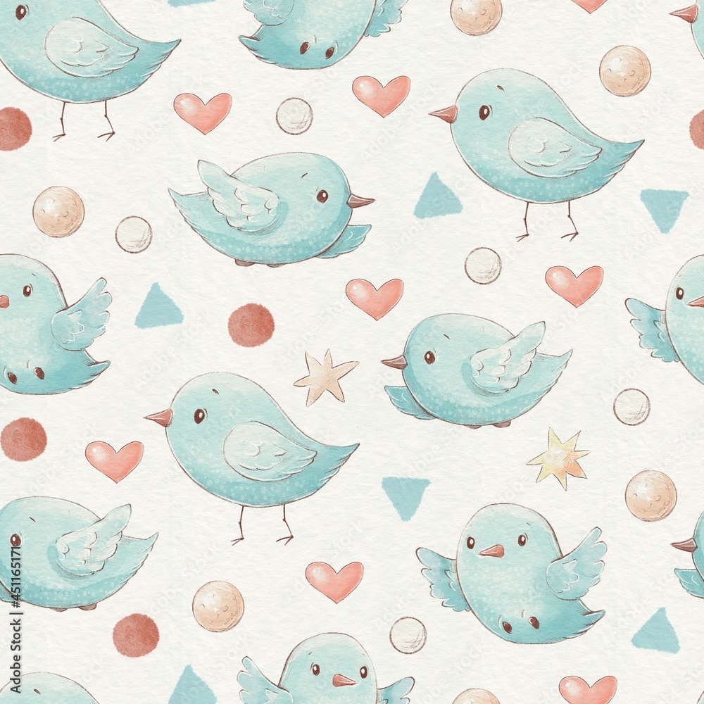 Seamless pattern cute cartoon birds hearts and stars
