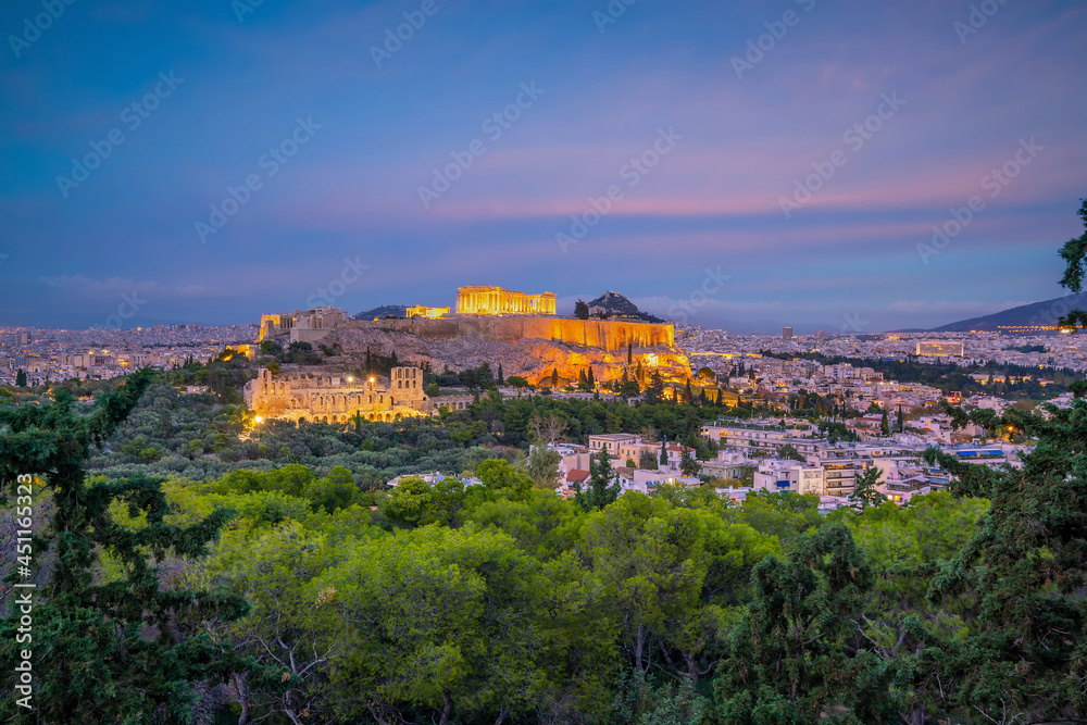 Downtown Athens city skyline in Greece at sunset