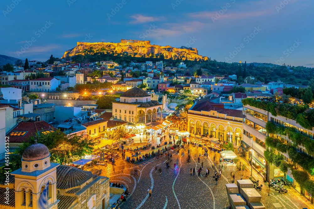 Downtown Athens city skyline in Greece at sunset