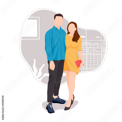 portrait of romantic couple posing in stylish outfits, for valentine's day. flat design concept. vector illustration