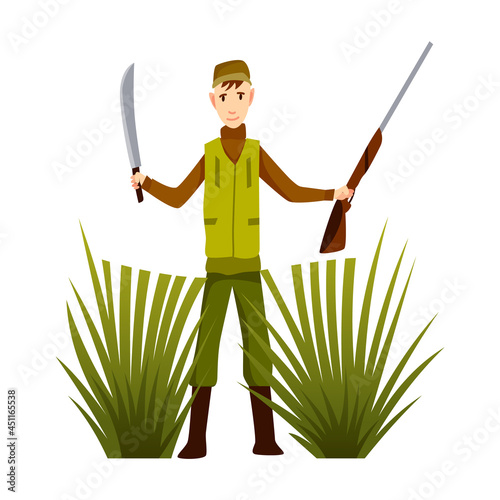 Hunter character with rifle and sword. Man with a gun in camouflage in cartoon style. Human with weapons on hunting